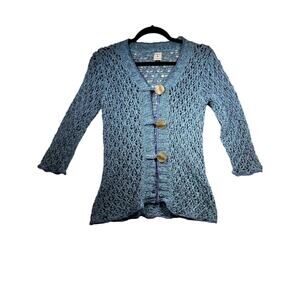 Clare by Icelandic Design Blue Fisherman Linen Silk Crochet Sweater Women Medium
